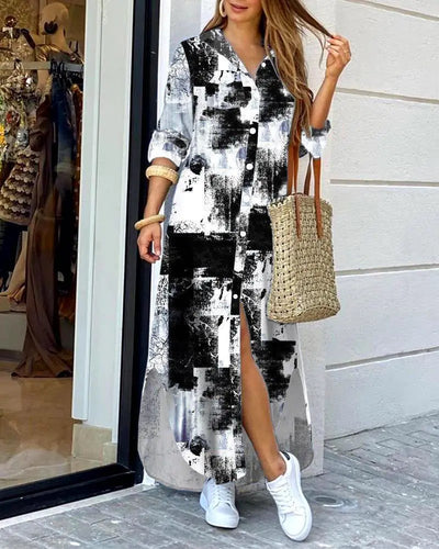 Spring And Autumn Women's Fashion Checker Print Long Shirt Dress Casual Polo Neck Long Sleeve Loose Single Breasted Pocket Dress
