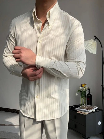New Daily Business Leisure Mens Stripe Shirt Vintage Single Breasted Slim Fit Office Man Slim Fit Shirts Turn-Down Collar Tops