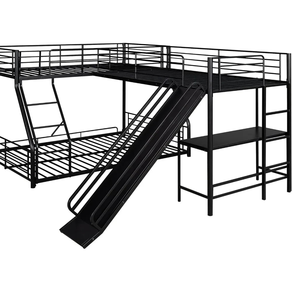 SOFTSEA Twin Over Full Bunk Bed with Twin Loft Bed, Heavy Duty L-Shaped Triple Metal Bunk Bed Frame with Desk and Slide for 3 Pe