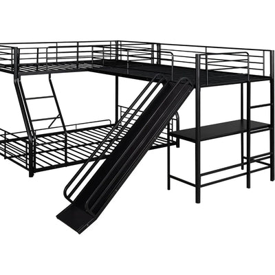 SOFTSEA Twin Over Full Bunk Bed with Twin Loft Bed, Heavy Duty L-Shaped Triple Metal Bunk Bed Frame with Desk and Slide for 3 Pe