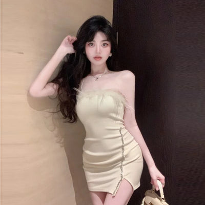 Strapless Dress Women Feather Collar Beaded Slit Birthday Party Wrapped Dresses