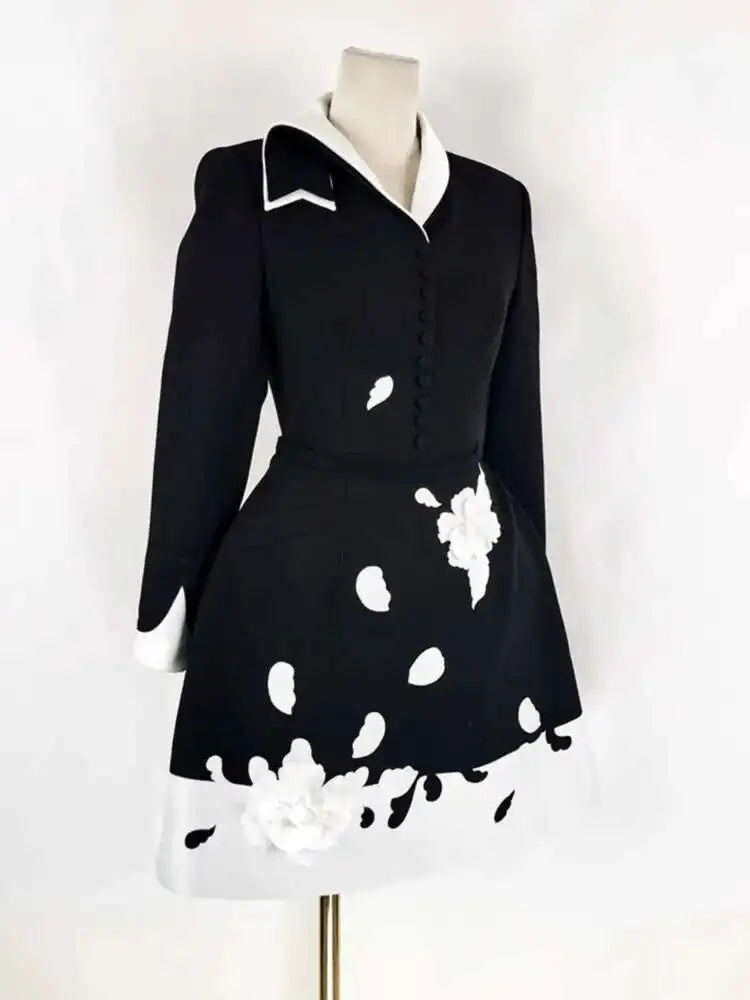 QMQA Fashion Women's Elegant Dress 3D Floral Contrast Color Collar Splicing High Waist Long Sleeve Party Dress Autumn New 1A399