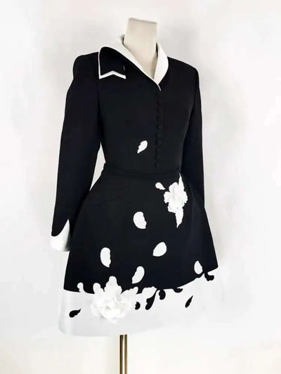 QMQA Fashion Women's Elegant Dress 3D Floral Contrast Color Collar Splicing High Waist Long Sleeve Party Dress Autumn New 1A399