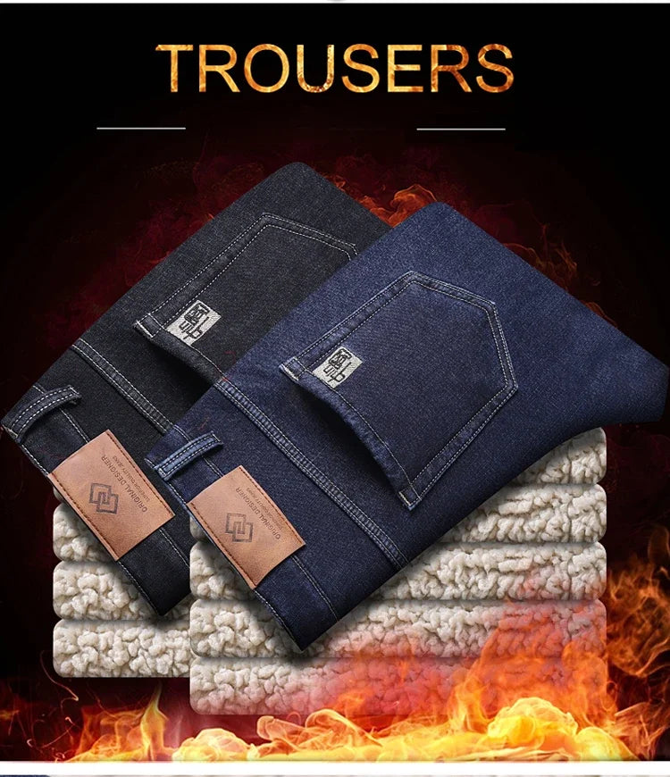 Men's Wool Velvet Jeans Winter Fleece Thickened Business Casual Straight Denim Pants Soft Cozy Thermal Stretch Trousers Male