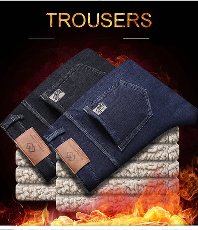 Men's Wool Velvet Jeans Winter Fleece Thickened Business Casual Straight Denim Pants Soft Cozy Thermal Stretch Trousers Male