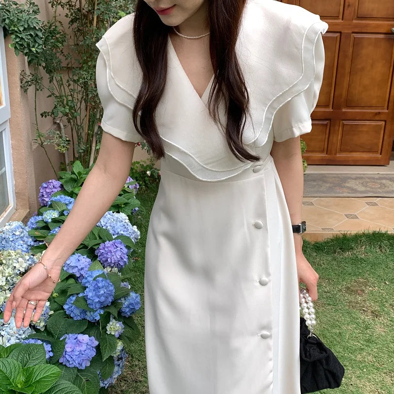 Women Summer Vintage Long Wrapped Dress 2024 New Female Double Layer Ruffled Collar Lacing Up Slim Waist Sundress