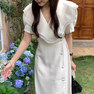 Women Summer Vintage Long Wrapped Dress 2024 New Female Double Layer Ruffled Collar Lacing Up Slim Waist Sundress