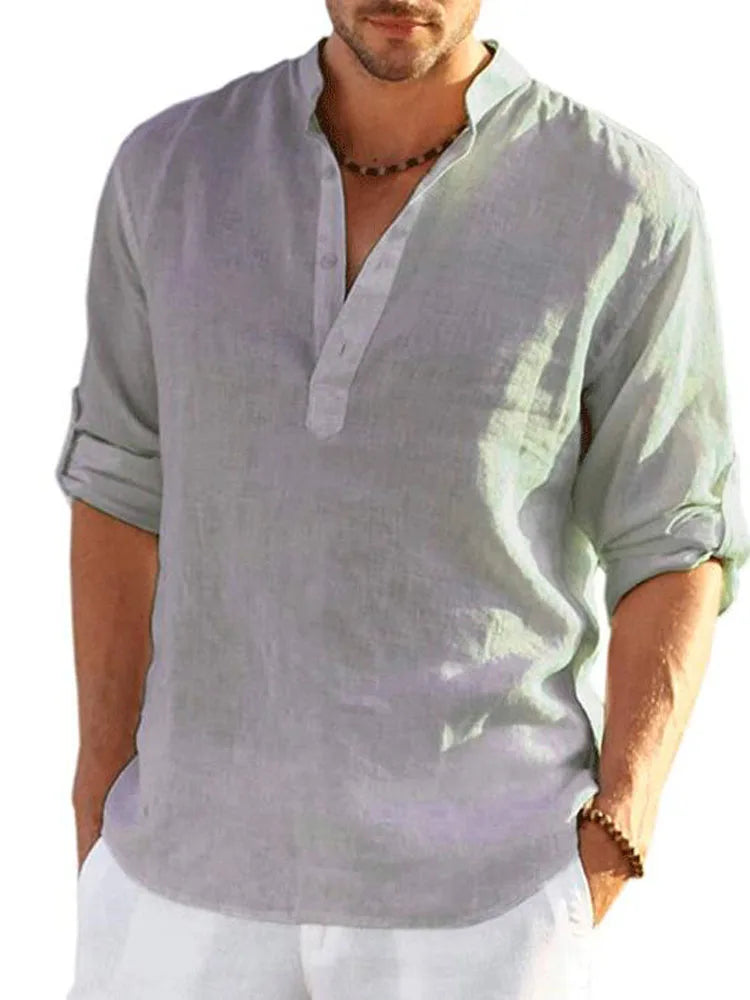 Men Cotton Linen T-shirts Summer V Collarless Long Sleeve Solid Sand Beachwear Office Man Tee Shirt Tops BSDFS-ZT167