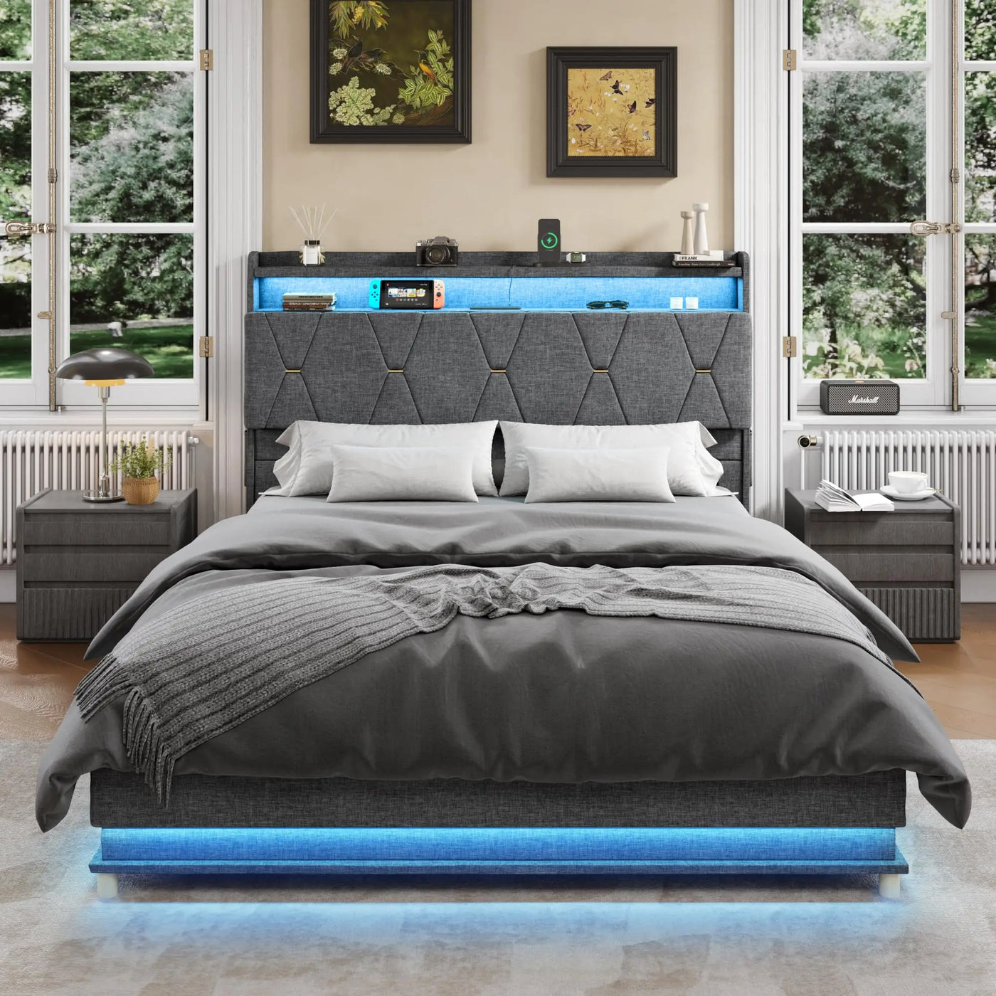 Vabches Lift Up Bed Frame with Storage Headboard&Power Outlet, LED Lights Upholstered Platform Bed Frame for Bedroom Noise-Free