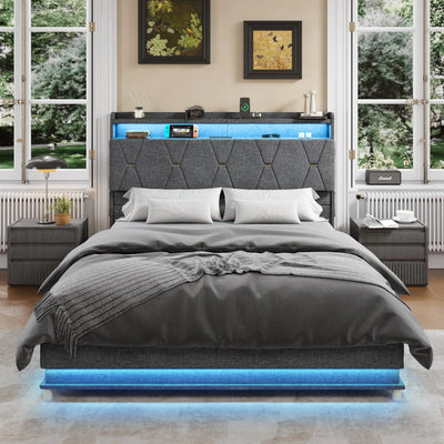 Vabches Lift Up Bed Frame with Storage Headboard&Power Outlet, LED Lights Upholstered Platform Bed Frame for Bedroom Noise-Free