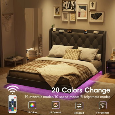 Vabches Floating Queen Bed Frame with Storage Headboard Linen Fabric Upholstered Platform Bed Frame with LED Light&Power Outlet