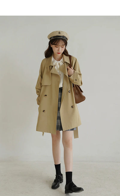 Women Spring Fall Short Trench Coat Korean Style Loose Fit Casual Khaki Jacket Petite-Friendly Versatile and Stylish Outerwear