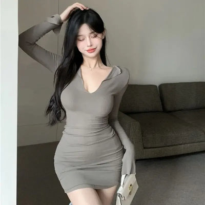 Autumn Spicy Girl Purple Long sleeved Dress Women's Pure Desire Style Underlay V-neck Temperament Waist Tight Wrapped Hip Skirt