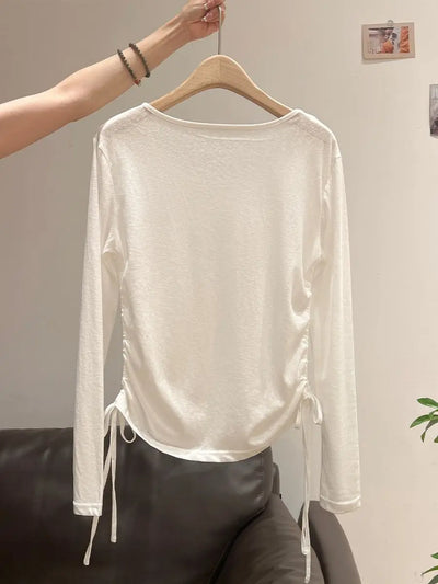 2025 New Summer Women's Light Blue Cooling Sun Protection Top Shirring Detail Loose Sheer Thin Blouse Y2k Korean Fashion Clothes
