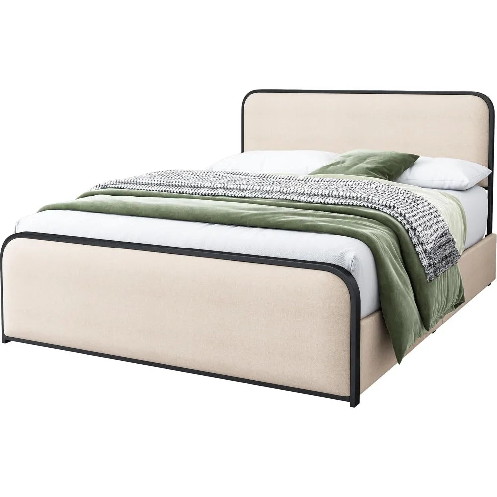 King Size Linen Curved Upholstered Headboard Footboard Bed, Metal Platform Bed Frame with 4 Storage Drawers, Heavy Duty Metal