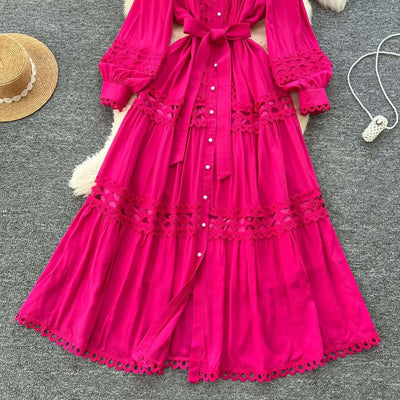 Elegant Long Maxi Hollow Out Dress Shirt Women Summer Autumn Palace Retro Pearl Button Embroidery Crochet Evening Party Vestidos