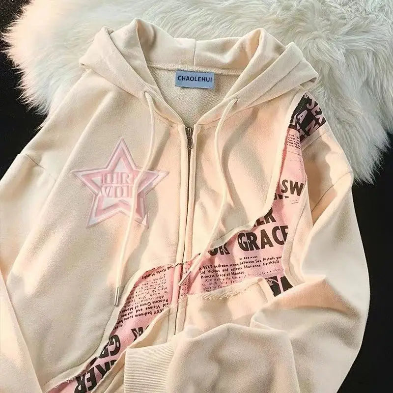 Harajuku High Street Star Letter Printed Patchwork Cardigan Sweatshirt Women Spring Autumn Zip Jacket Y2k Streetwear Hip Hop New