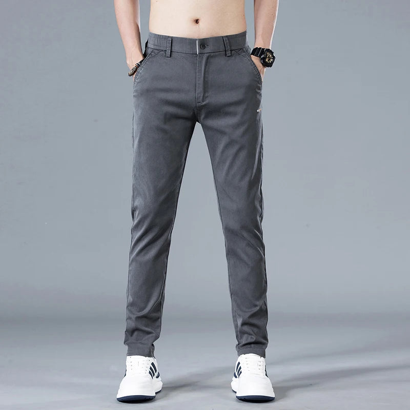 New Mens Summer Ice Silk Casual Pants Mid-Waist Elastic Straight Business Trousers 3 Colors Fashion Comfortable Man Pants