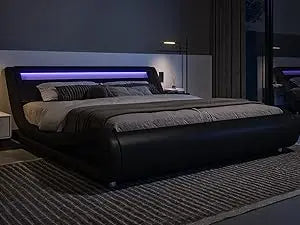 queen size led platform bed frame with adjustable headboard/no box spring need/easy assembly/faux leather in black