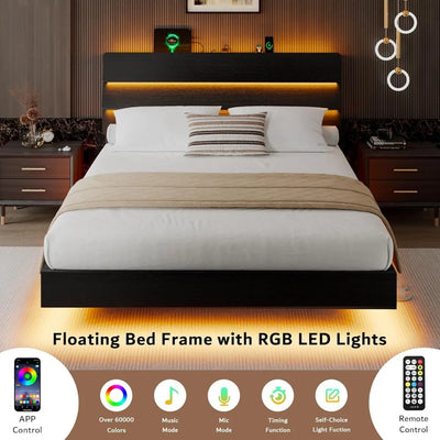 Queen Floating Bed Frame with LED Lights & Charging Station, Platform Bed with Wooden Storage Headboard, Steel Slats Sup