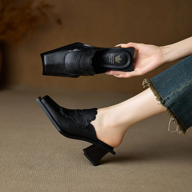 NEW Summer Women Mules Genuine Leather Shoes for Women Square Toe Chunky Heel Shoes Cover Toe Slingback Sandals Modern Slippers