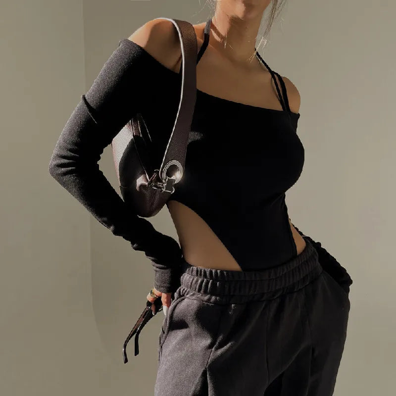 WhereMery Sexy Women's Off-Shoulder Halter Bodysuit Casual Spaghetti Straps Long Sleeve Slim T-Shirt for Party Clubwear Vestidos