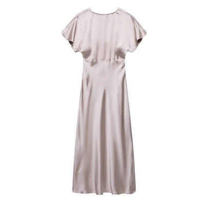 TRAF 2025 Woman Fashion Silk Texture Midi Dress Casual Slim Short Sleeve V Neck Midi Long Dresses Vestidos Mujer