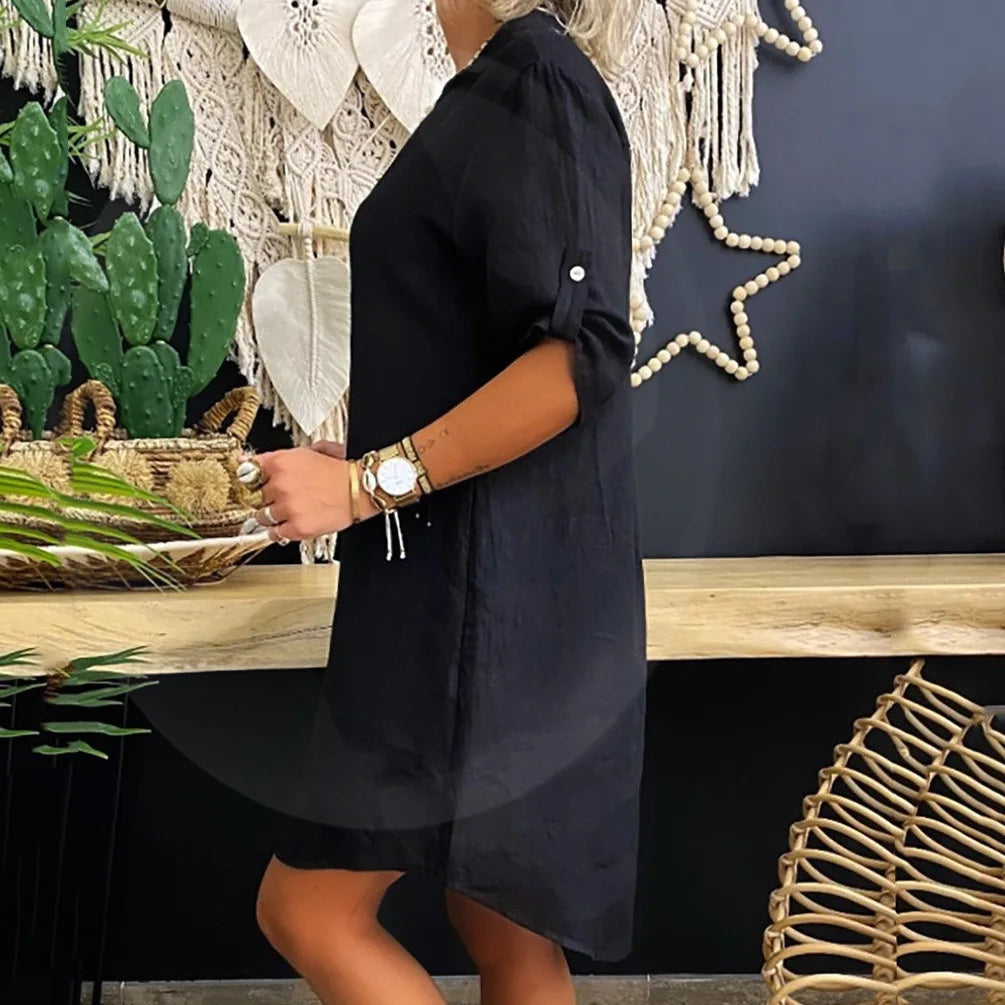 Oversized S-5XL Women Loose Blend Dress Summer Turn Down Collar Short Sleeve Solid Baggy Brazil Vestidos Beachwear FYY-1062