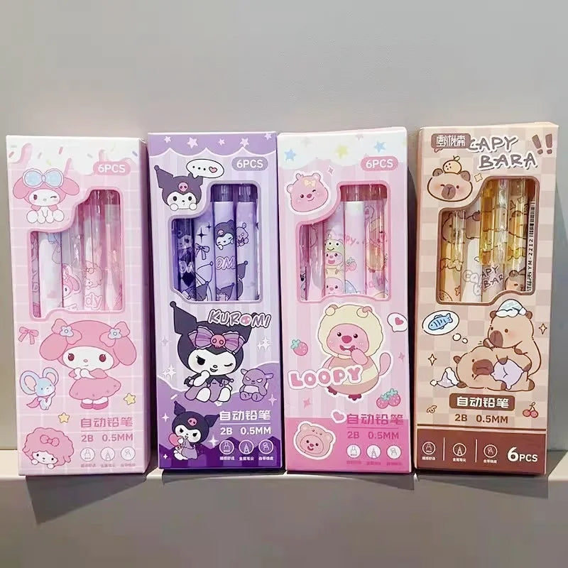 6Pcs/Set Cute Mechanical Pencils 0.5mm 2B Capybara Cartoon Auto Pencil with Eraser for Kids Students School Writing Supplies