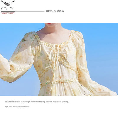 2025 Spring New Arrival Women's Spring Floral Dress Silm Fashion Waist-Controlled Long Sleeves Seaside Vacation Chiffon Skirt