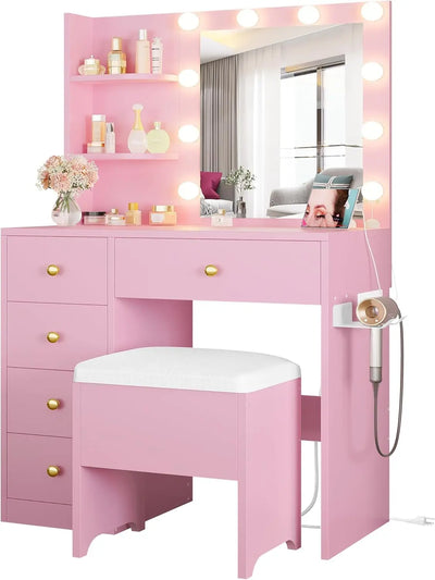 Vanity Desk with Mirror and Lights,Small Makeup Vanity Table with 5 Drawers, Dressing Table for Women Girls Bedroom