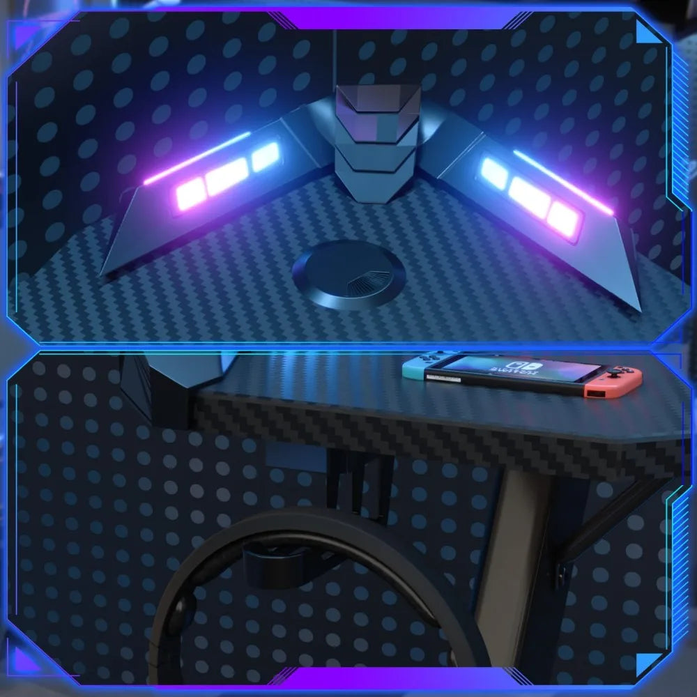 LED Gaming Desk 120 x 60 cm, Gaming Desk with RGB Light, Cup Holder and Hook for Headphones, Ergonomic Computer Table