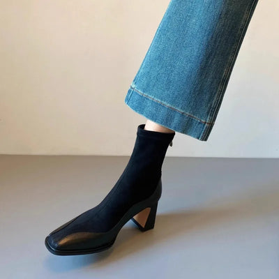 Women's New Winter Thick Heel Cotton Boots Square Head Splicing Suede Back Zipper Anti-slip Wear-resistant Short Boots