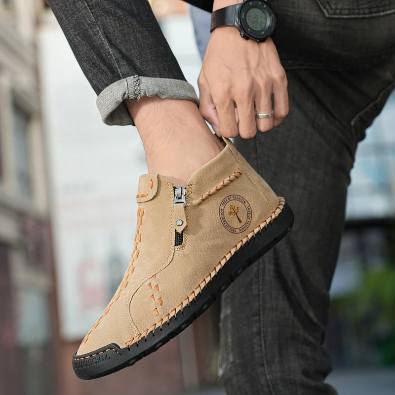 Handmade Leather Casual Shoes For Men Sneakers Men Flat Footwear Zipper Leather Boots Men Ankle Plus Size 39-48