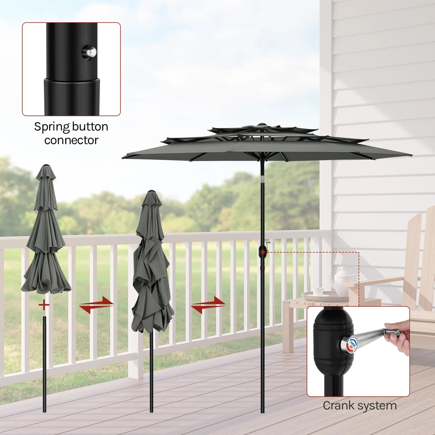 Round Large Garden Parasol 292cm Tilt Adjustable Beach Parasol UV Protection with 3 Ventilation Parasol for Balcony Garden