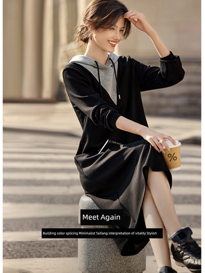 Xwi Xin Not Contrast Color Patchwork Hoodie Dress Female 2024 Autumn Simplicity Generous Slimming Elegant Long Dress