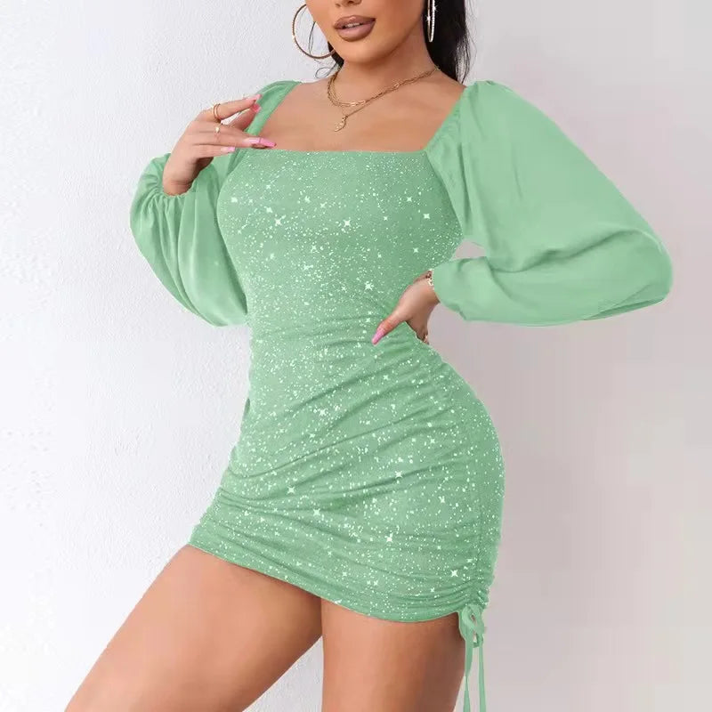 Women Summer Sexy Slim Fit Drawstring Square Collar Dress Long Sleeve High Waist Bodycon Mini Dress