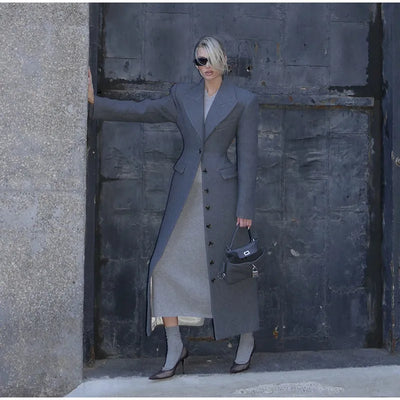 Woolen Burgundy Long Blazer Coat Women Single Breasted Notched Loose Long Sleeve Shoulder Pads Thicken Suit Jacket Female Office