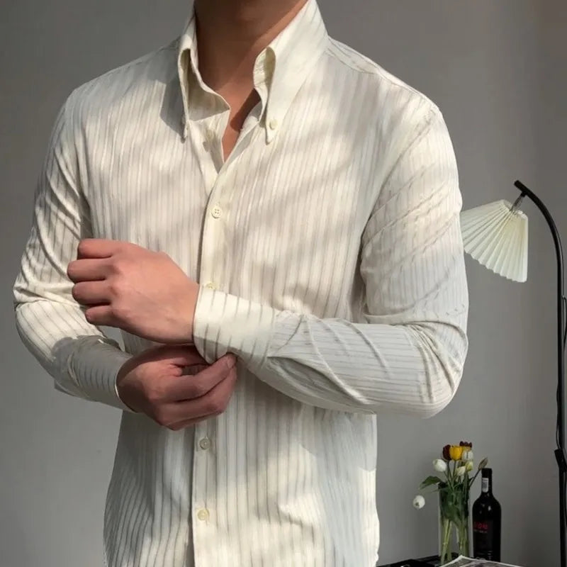 New Daily Business Leisure Mens Stripe Shirt Vintage Single Breasted Slim Fit Office Man Slim Fit Shirts Turn-Down Collar Tops