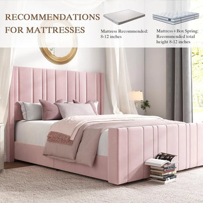 Queen Bed Frame Pink Upholstered Bed with Vertical Channel Tufted Headboard & 22" Footboard, Noise Free/Wooden Slats/Nois