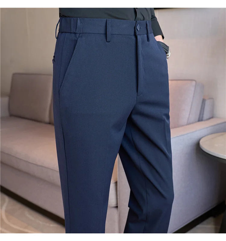 High End Elastic Waistband Suit Pants for Men Embroidered Business Casual Pants Solid Colror Versatile Social Office Trousers