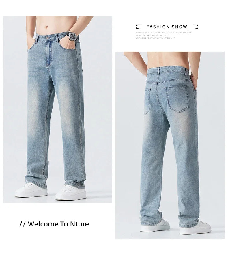 Summer Thin Straight Jeans Men's Clothing Soft Breathable Trousers Male Brand Comfortable Business Loose Denim Pants