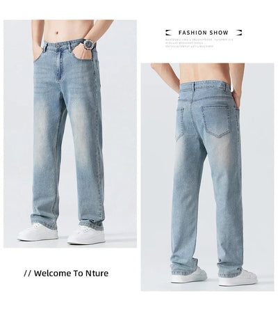 Summer Thin Straight Jeans Men's Clothing Soft Breathable Trousers Male Brand Comfortable Business Loose Denim Pants