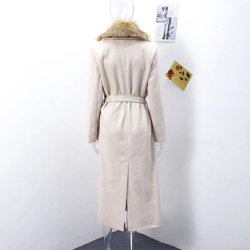 Elegant Fur Lapel Long Coat Women With Belt Woolen Full Sleeve Lace Up Loose Thicken Overcoat 2025 Spring Solid Pocket Outwear