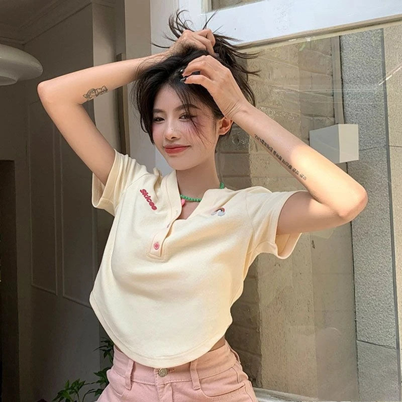 Women's Slim Short-sleeved T-shirt Sexy Pure Desire Wind Spice Girls V-neck Tops Cotton Summer Slim Chic Short Comfortable Top