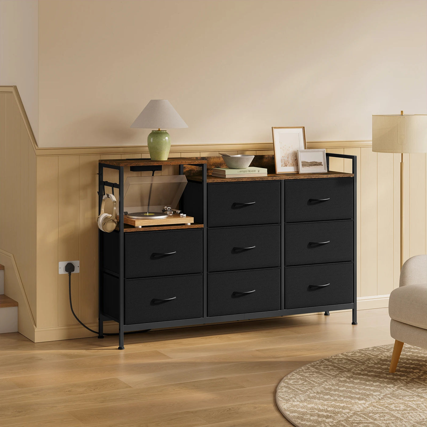 Chest of Drawers with 8 Fabric Drawer Sideboard Storage Cabinet for Kitchen Office with Charging Sockets Steel Frame 132x88x30cm