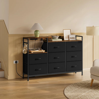 Chest of Drawers with 8 Fabric Drawer Sideboard Storage Cabinet for Kitchen Office with Charging Sockets Steel Frame 132x88x30cm