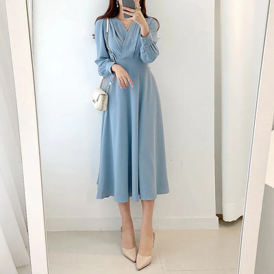 Jielur Harajuku V-neck Puff Sleeve A-line Maxi Dress Woman Solid Color Midi Robe Korean Office Dresses Elegant Spring Dress Lady