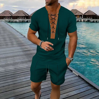 The 2025 men's new waffle checkered round-neck fashionable top, a two-piece casual suit with a rope short sleeve and shorts