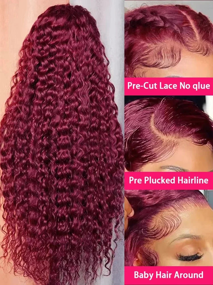 Curly 99J Burgundy 30 Inch Deep Wave 13x4 Lace Front Wig Wet And Wavy Red Colored wigs HD Lace Frontal 100% Human Hair Wigs